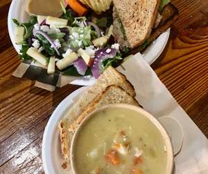 Split pea soup and a sandwich