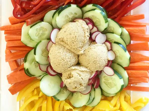 A Catering Platter: Fresh and Crisp Veggies served with our Homemade Farmhouse Hummus