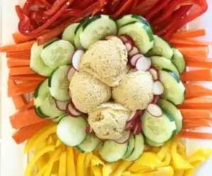 A Catering Platter: Fresh and Crisp Veggies served with our Homemade Farmhouse Hummus