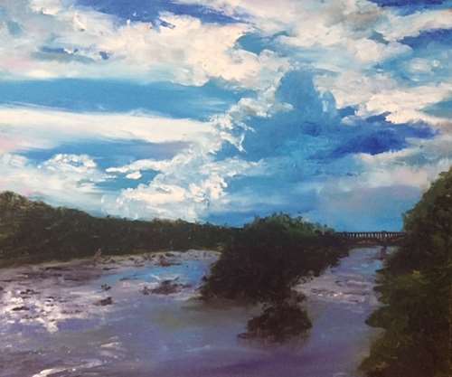 Scene of the James River with a bridge in the backround